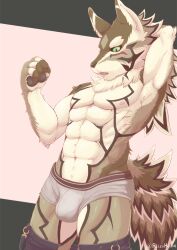 1boy 2020 abs anthro areola arm_tuft black_nose black_sclera blush bottomwear bottomwear_down briefs brown_body brown_fur bulge canid canine canis clothed clothing countershading digital_media_(artwork) ear_piercing ear_ring elbow_tuft fluffy fluffy_tail fur green_eyes hand_behind_head jackal kemono lifewonders male male_only mammal mane muscular muscular_anthro muscular_male navel nipples pants pants_down partially_clothed pecs piercing pink_areola pink_nipples portrait pose reizohozon ring_piercing serratus seth_(tokyo_afterschool_summoners) solo striped_body striped_fur stripes tail tan_body tan_fur three-quarter_portrait tight_underwear tokyo_afterschool_summoners topless topless_anthro topless_male tuft underwear white_body white_clothing white_fur white_underwear