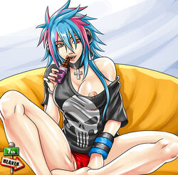 7th-heaven black_nails blue_hair bracelet breasts chocolate choker cross female headphones layla_(7th-heaven) long_hair looking_at_viewer nail_polish nipples no_bra off_shoulder original panties pink_hair red_panties sitting skull_print solo two_tone_hair underwear