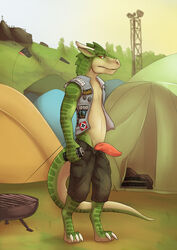 anthro barefoot beer_can camping clothing digitigrade dragon erection khakis lizardlars male male_only open_pants outside penis scalie solo spitey tapering_penis tent vest