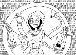 adeptus_mechanicus alien alien_girl alien_humanoid crossover cyborg cyborg_girl duck_dodgers imperium_of_man line_art looney_tunes martian martian_(duck_dodgers) queen_tyr'ahnee techpriest text warhammer_(franchise) warhammer_40k warner_brothers worldsandcenturies