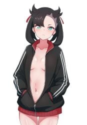 1girls black_hair breasts coat facing_viewer female female_only gamefreak hands_in_pockets human inner_sideboob jacket jacket_only kamidan light-skinned light-skinned_female looking_at_viewer marnie_(pokemon) naked_jacket navel nintendo partially_clothed pokemon solo standing white_background