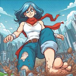 ai_generated barefoot blue_eyes blue_hair bulma_briefs city city_destruction crush destruction dragon_ball dragon_ball_super dragon_ball_z dude_duderson giantess light-skinned_female light_skin stomping