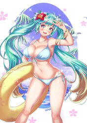 :d bikini blue_eyes blush breasts cenangam curvy female flower_on_head flower_ornament hips large_breasts league_of_legends legs long_hair navel open_mouth side-tie_bikini smile solo sona_buvelle sparkle stomach swimsuit teeth tied_hair twintails underboob v white_bikini