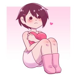 1girls asian black_eyes black_hair blush boots bra chinese crossed_arms female hairclip heart knives_chau kvromi_kvlt partially_clothed pillow pink_bra scott_pilgrim short_hair solo solo_female tear valentine's_day