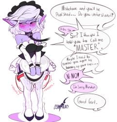 blush blush_lines blushing collar femsub goat-head_(artist) league_of_legends leaking leash maid maid_outfit maid_uniform purple_body purple_skin riot_games sex_toy short_hair shortstack threatening tristana vibrator vibrator_under_clothes yordle