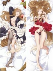 1girls apple bare_legs bare_shoulders bare_thighs barefoot belly_button bones_in_belly bra breasts brown_hair canines dakimakura dakimakura_design feet female garter_belt garter_straps hand_on_panties holo legs lingerie long_hair maid_headdress maid_outfit maid_uniform mouth_closed official_art one_eye_closed panties red_eyes shoulder_pads smile spice_and_wolf tail thighhighs toes underwear wolf_ears wolf_girl wolf_tail