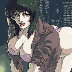 all_fours ass breasts city cleavage female ghost_in_the_shell jacket kusanagi_motoko large_breasts lowres oekaki red_eyes solo