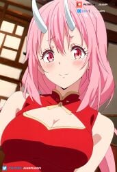 ai_generated big_breasts blush chinese_clothes horns juanpi_amvs long_hair looking_at_viewer patreon patreon_username pink_eyes pink_hair shuna_(tensei_shitara_slime_datta_ken) tensei_shitara_slime_datta_ken watermark