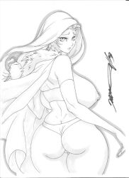 anime_eyes ass ass_cleavage ass_focus breast_grab breasts breasts_out cape daikon dimples_of_venus emma_frost hellfire_club large_breasts looking_at_viewer looking_back marvel marvel_comics nipples panties pencil_(artwork) thong thong_panties topless topless_female white_queen x-men