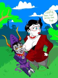 1boy 1girls big_breasts bite_mark bite_mark_on_breast black_hair blood blue_eyes breast_milk breasts caught chubby chubby_female clownstongue codpiece dialogue dialogue_bubble earrings fangs fully_clothed gamzee_makara glasses grey_body grey_skin homestuck horns jake_english jane_crocker lactating lactation leash leash_and_collar leashed_collar licking_breast milk mostly_clothed ms_paint_adventures on_knees outside public red_clothing red_lipstick silly_face skinny skinny_male spiked_collar sweat sweatdrop troll unbuttoned weird white_body white_skin yellow_sclera