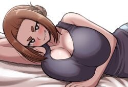 1girls bed big_breasts breasts brown_hair busty cleavage curvaceous curvy curvy_body curvy_female curvy_figure female huge_breasts kaii_to_otome_to_kamikakushi kiteman442 large_breasts mole mole_under_eye short_eyebrows small_eyebrows sumireko_ogawa voluptuous