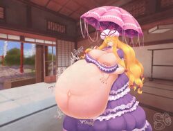 areola_slip areolae belly big_belly big_breasts blonde_hair breasts cleavage female female_pred huge_belly parasol same_size_vore spaghetticultists spoogmeister stomach_noises touhou umbrella vore yukari_yakumo