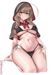 ahoge barefoot bikini black_bikini blush braid breasts brown_eyes capelet ebifurya female hair_ribbon hand_on_own_thigh highres hood hood_up hooded_capelet huge_ahoge kantai_collection large_breasts light_brown_hair long_hair looking_at_viewer low_twin_braids navel one-hour_drawing_challenge parted_lips red_ribbon ribbon shinshuu_maru_(kantai_collection) side-tie_bikini_bottom sidelocks simple_background sitting skindentation solo swimsuit tassel thighs twin_braids twitter_username underboob white_background