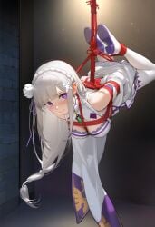 ai_generated big_breasts binding elf elf_ears elf_female elf_girl emilia_(re:zero) female flower_in_hair flower_ornament hair_ornament half-elf light-skinned_female light_skin long_hair male male/female pointy_ears princess purple_eyes re:zero_kara_hajimeru_isekai_seikatsu royalty silver_hair thighhigh_boots very_long_hair white_hair