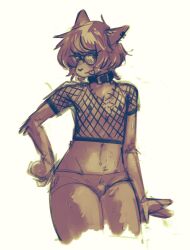 2023 anthro arm_tuft brown_body brown_fur bulge chest_tuft clothing domestic_cat ear_piercing elbow_tuft eyewear felid feline felis fishnet_clothing fishnet_shirt fishnet_topwear fur girly glasses hair hi_res looking_at_viewer male mammal navel nipples panties piercing pochowek round_glasses shirt simple_background skala solo tongue tongue_out topwear tuft underwear white_background