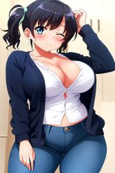 ai_generated anime_style big_breasts black_hair blue_cardigan blue_jeans blush busty cardigan cleavage curvy denim_jeans facing_viewer female female female_only hi_res highres jeans one_eye_closed open_cardigan original posing seraphim_ai shirt smile solo stable_diffusion tight_jeans twintails white_shirt