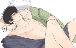 2boys black_hair blush censored closed_mouth cum cum_on_body cum_on_self gay gintama gintoki_sakata hijikata_toshiro implied_handjob japanese_clothes jinbei_(clothing) kimono looking_at_another male male_only on_back open_clothes open_kimono penis sapomu4 sweatdrop toned toned_male white_hair yaoi