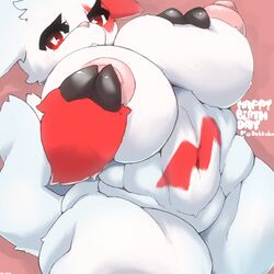 1girls areolae belly big_tail blush breast_grab breasts claws eyelashes female female_only furry huge_breasts looking_at_viewer navel nintendo nipples nude pink_background pokemon pokemon_(species) pokemon_rse red_eyes red_fur slightly_chubby solo tail text thick_thighs unp white_fur wide_hips zangoose