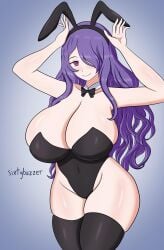 1girls alternate_costume armpits bare_thighs bunny_ears bunny_girl bunnysuit bursting_breasts camilla_(fire_emblem) cleavage covered_navel deep_cleavage female female_only fire_emblem fire_emblem_fates hair_over_one_eye huge_breasts leotard looking_at_viewer nintendo pink_eyes purple_hair sixtybuzzer skindentation smile solo thick_thighs thighhighs thighs very_long_hair