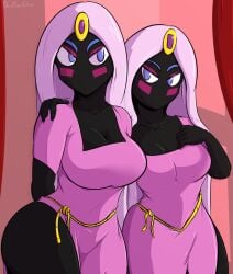 2girls alien alien_girl alien_humanoid black_body black_skin clothed davidsanchan duck_dodgers earless facial_markings facial_marks female female_only headwear humanoid jewelry looney_tunes martian martian_(duck_dodgers) martian_handmaiden mouthless no_visible_genitalia noseless pink_dress pink_eyeshadow pink_hair purple_eyebrows purple_eyes slit_dress string_belt warner_brothers