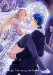 1boy blonde_hair blue_eyes blue_hair braid breasts bridal_garter bridal_veil church clothed_sex commission crown_braid dress eiyuu_densetsu elaine_auclair female gloves hair_between_eyes hair_slicked_back high_heels indoors jewelry kinoeneko kuro_no_kiseki_(series) kuro_no_kiseki_i kuro_no_kiseki_ii long_hair medium_breasts nipples parted_bangs sex short_hair skeb_commission stained_glass swept_bangs thighhighs van_arkride veil watermark wedding_dress