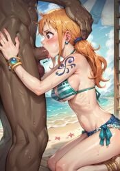 1boy 1girls ai_generated big_breasts big_penis bikini bikini_top blowjob blush cheek_bulge cleavage dark-skinned_male female hand_on_head head_grab interracial kneeling light-skinned_female male muscular_male nami nipple_bulge one_piece oral_sex orange_hair post-timeskip short_shorts shorts string_bikini struggling sweat underboob wet wide_eyed zeus1292