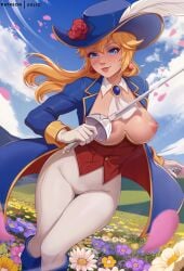 1girls 2d blonde_hair blue_boots blue_coat blue_eyes blue_hat blue_sky blush boots breasts cloud curvaceous curvy day earrings exlic facing_viewer falling_petals feet_out_of_frame female female_only flower_field gloves hat holding_sword hourglass_figure human human_only humanoid legs_together light-skinned_female light_skin looking_at_viewer mario_(series) medium nipples no_bra not_furry nsfw open_jacket outdoor_nudity outdoors pale-skinned_female pale_skin parted_lips pink_nipples princess_peach princess_peach:_showtime! smile solo sphere_earrings swordfighter_peach thigh_gap white_gloves