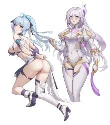 2girls absurdres ahoge ass ass_focus attack_of_the_hatogod blue_dress blue_eyes blue_hair blue_nails bodysuit breasts censored closed_mouth dress female full_body hare_(honkai_impact) high_heels highres holding holding_whip honkai_(series) honkai_impact_3rd horns jpeg juliet_sleeves large_breasts long_hair long_sleeves looking_at_viewer looking_back mosaic_censoring multiple_girls multiple_views nail_polish nipples puffy_sleeves purple_eyes purple_sleeves pussy shigure_kira single_horn single_thighhigh spanking thighhighs torn_clothes torn_dress very_long_hair white_bodysuit white_footwear white_hair white_thighhighs