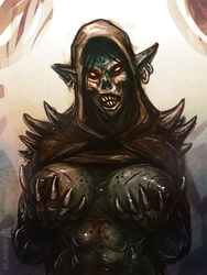 abs areola big_breasts breasts claws clothed clothing fantasy female hair looking_at_viewer monster_girl muscular neurodyne nipples orc orc_female scar simple_background skull solo standing teeth undead