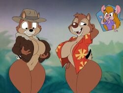 2022 anthro big_breasts blonde_hair blue_eyes bottomless bottomless_anthro bottomless_female breasts brown_body brown_fur chip chip_'n_dale_rescue_rangers chip_(disney) chipmunk cleavage clothed clothing curvy_figure dale dale_(disney) dalehan digital_media_(artwork) disney dracojeff ears_through_headwear eyewear eyewear_on_head female fur gadget_hackwrench genitals goggles goggles_on_head ground_squirrel group hair huge_breasts mammal mouse mtf_crossgender murid murine nipple_outline pose purple_clothing purple_topwear pussy rodent rule_63 sciurid scut_tail short_tail tail topwear trio wearing_hat wide_hips