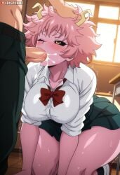 1boy 1girls absurd_res ai_assisted ai_generated all_fours ass bent_over black_sclera boku_no_hero_academia breasts classroom cleavage colored_skin crawling crispiiart cum_in_mouth cum_overflow desk ejaculation fellatio female from_above horns huge_ass huge_breasts indoors large_breasts leaning_forward loafers looking_at_viewer male mina_ashido miniskirt my_hero_academia one_eye_closed penis pink_hair pink_skin school school_uniform shirt short_hair thick_thighs upscaled white_shirt yellow_eyes