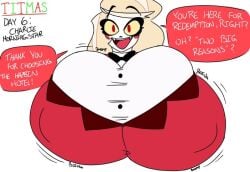 big_breasts blonde_female blonde_hair busty_female charlie_morningstar_(hazbin_hotel) demon demon_girl fangs female female_focus female_only hazbin_hotel hyper hyper_breasts mr.lewd red_eyes solo tit-mas_(mr.lewd) white_skin yellow_sclera