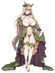 1girls animal_ears bare_shoulders blush braid brown_eyes brown_hair cleavage dress eyebrows_visible_through_hair female female_only full_body garter_belt garter_straps hair_between_eyes horse_ears horse_girl horse_tail huge_breasts light-skinned_female light_skin long_hair looking_at_viewer navel paintcan panties revealing_clothes satono_diamond_(umamusume) simple_background skirt_hold smile solo tail thigh_boots thighhighs tiara umamusume umamusume_pretty_derby veil white_background