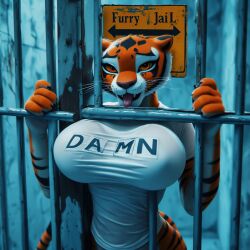 ai_generated anthro_female breasts female furry_female huge_breasts jail kung_fu_panda stuck_breasts t-shirt tigress tigress_(kung_fu_panda) wet
