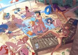 1boy 6+girls after_sex after_vaginal beach beach_mat bikini chloe_(pokemon) cum cum_in_pussy dark-skinned_female dark_skin dawn_(pokemon) female group_sex harem highres iris_(pokemon) kasumi_(pokemon) lana_(pokemon) lillie_(pokemon) male mallow_(pokemon) may_(pokemon) multiple_girls one-piece_swimsuit open_toe_footwear open_toe_shoes pokemon pokemon_(anime) pussy sandals satoshi_(pokemon) serena_(pokemon) sex swim_ring swimsuit toiro_gawon undone_bikini unworn_bikini_bottom