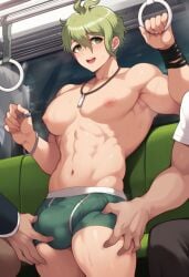 abs ai_generated biceps brown_hair danganronpa danganronpa_v3 dick enormous_breasts gay green_hair huge_cock in_public muscular night oriven pants pecs pectorals rantaro_amami sex submissive subway underwear