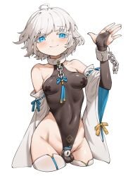 1boy ahoge artist_request black_leotard blue_eyes blush breasts chastity_cage collar detached_sleeves elbow_gloves flat_chastity_cage gloves grey_hair highres leotard looking_at_viewer original pasties short_hair skin_tight skindentation small_breasts small_chastity_cage smile standing testicles thighhighs trap white_thighhighs