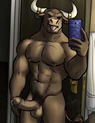 2016 abs anthro balls bgn biceps biped bovine brown_balls brown_eyes brown_fur brown_nipples brown_penis brown_tail buck_(evane) cattle cellphone detailed_background door erection front_view fur genital_piercing glans gold_(metal) hi_res holding_object holding_phone horn horn_ring humanoid_penis inside male male_only mammal mirror muscular muscular_male nipple_piercing nipples nude open_mouth partially_retracted_foreskin pecs penis penis_piercing phone piercing pink_tongue portrait prince_albert_piercing pubes selfie solo standing story story_in_description tail_tuft teeth three-quarter_portrait tongue tongue_out tongue_piercing towel tuft uncut white_horn