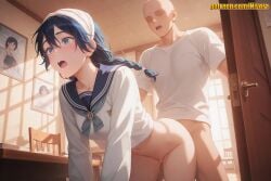 1boy 1girl ai_generated all_fours amanai_riko bald bent_over black_hair blue_eyes blue_hair blue_sailor_collar blush bottomless braid braided_ponytail breasts chair clothed_sex collarbone desk doggystyle door faceless faceless_male glasses hair_between_eyes hairband hetero indoors jujutsu_kaisen long_hair long_sleeves medium_breasts navel neckerchief nivora open_door open_mouth pussy_juice riko_amanai sailor_collar sailor_shirt school_uniform serafuku sex sex_from_behind shirt short_sleeves single_braid small_breasts standing sweat teeth upper_teeth_only vaginal white_hairband white_shirt