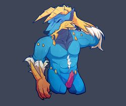 2016 anthro blush capcom dragon erection fur horn male male_only monster_hunter nude penis puppenstein scales scalie simple_background solo video_games zinogre