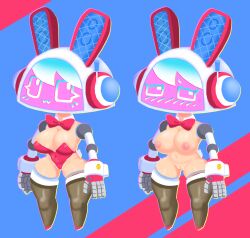 1girls 2d 2d_(artwork) 5_fingers belly belly_button big_head bowtie breasts clothing clothing_removed color colored detached_collar detached_legs female female_focus female_only hair looking_at_viewer medium_breasts nipples nipples_visible_through_clothing original original_character original_characters pangotime rabbit_ears robot robot_girl robot_humanoid robotic_arm robotic_head robotic_legs simple_background solo solo_female solo_focus