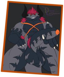 1boy anthro balls batzz_(buddyfight) big_balls big_penis darius_leodragon dragon erection future_card_buddyfight horn humanoid_penis looking_at_viewer low-angle_view male male_only muscular muscular_male nude penis pubes reptile scalie solo standing teeth uncut