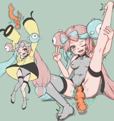 ;d bow-shaped_hair breasts character_hair_ornament clothing_aside commentary_request covered_navel covered_nipples dildo eyelashes female grey_thighhighs hair_ornament highres holding_own_leg iono_(pokemon) jacket kyooojn999 light_blush long_hair multicolored_hair multiple_views one_eye_closed open_mouth pink_hair pokemon pokemon_sv rotom rotom_(other) sex_toy sharp_teeth single_bare_foot single_thighhigh smile spread_legs teeth thigh_strap thighhighs twintails two-tone_hair upper_teeth_only v yellow_jacket