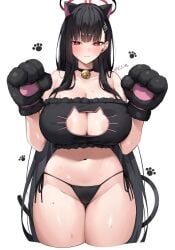 absurdres alternate_costume animal_hands areola_slip bare_shoulders black_choker black_gloves black_hair blue_archive breasts cat_cutout cat_lingerie choker cleavage cleavage_cutout closed_mouth clothing_cutout commentary_request female gloves hair_ornament hairclip halo hands_up highres huge_breasts long_hair looking_at_viewer mono_(mo_n_mno) navel paw_gloves red_eyes rio_(blue_archive) simple_background smile solo stomach very_long_hair white_background