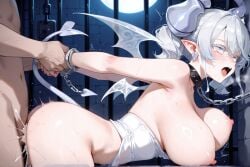 1girls ai_generated ard32 arms_behind_back blush bouncing_breasts breasts crying crying_with_eyes_open cum dark-skinned_male dark_skin demon demon_girl demon_horns duel_monster earrings female hard_sex interspecies konami labrynth_of_the_silver_castle lovely_labrynth_of_the_silver_castle male princess pull_out queen rape silver_eyes slave slave_collar slavegirl thick twintails uncensored white_hair yu-gi-oh!