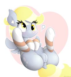 ? anus arm_warmers ass blonde_hair blush clothing cutie_mark derpy_hooves equine female friendship_is_magic hair legwear mammal my_little_pony n0nnny nude pegasus pussy smile solo stockings wings yellow_eyes