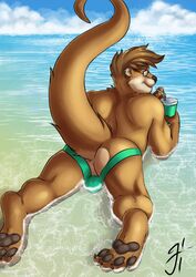 anus ass beach beverage brown_fur clothing ear_piercing eyewear first_person_view foot_focus fur glasses greisen hindpaw inviting jockstrap looking_at_viewer lying male male_only mammal muscular mustelid on_front otter paws piercing pinup pose presenting presenting_anus presenting_hindquarters raised_tail sea seaside solo tarrin underwear water wet