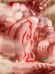 1boy bara barefoot beard bulge closed_eyes clothed clothing covering dieselsun_(artist) facial_hair feet flaccid flaccid_penis fog full-length_portrait gay gem hairy hairy_chest hairy_male honkai:_star_rail honkai_(series) jewelry large_pectorals male male_focus male_only multicolored_hair muscular muscular_male mydei_(honkai:_star_rail) naked_towel necklace nude nude_male partially_clothed pectorals penis sauna sauna_bench sitting smile solo sweating sweaty sweaty_body tattoo tattoo_on_legs tattoo_on_neck tattoo_on_shoulder tattooed_arm toes towel towel_around_waist towel_on_penis towel_only yaoi