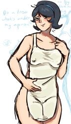 apron_only black_hair calm_face colored_sketch forced forced_exposure half_naked holding nervous scout's_mother shy simple_shading sketch team_fortress_2 text tf2 white_background