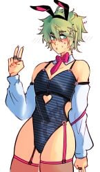 bunnysuit danganronpa danganronpa_v3 green_eyes green_hair jaistraww playboy_bunny rantaro_amami thick_thighs thighs